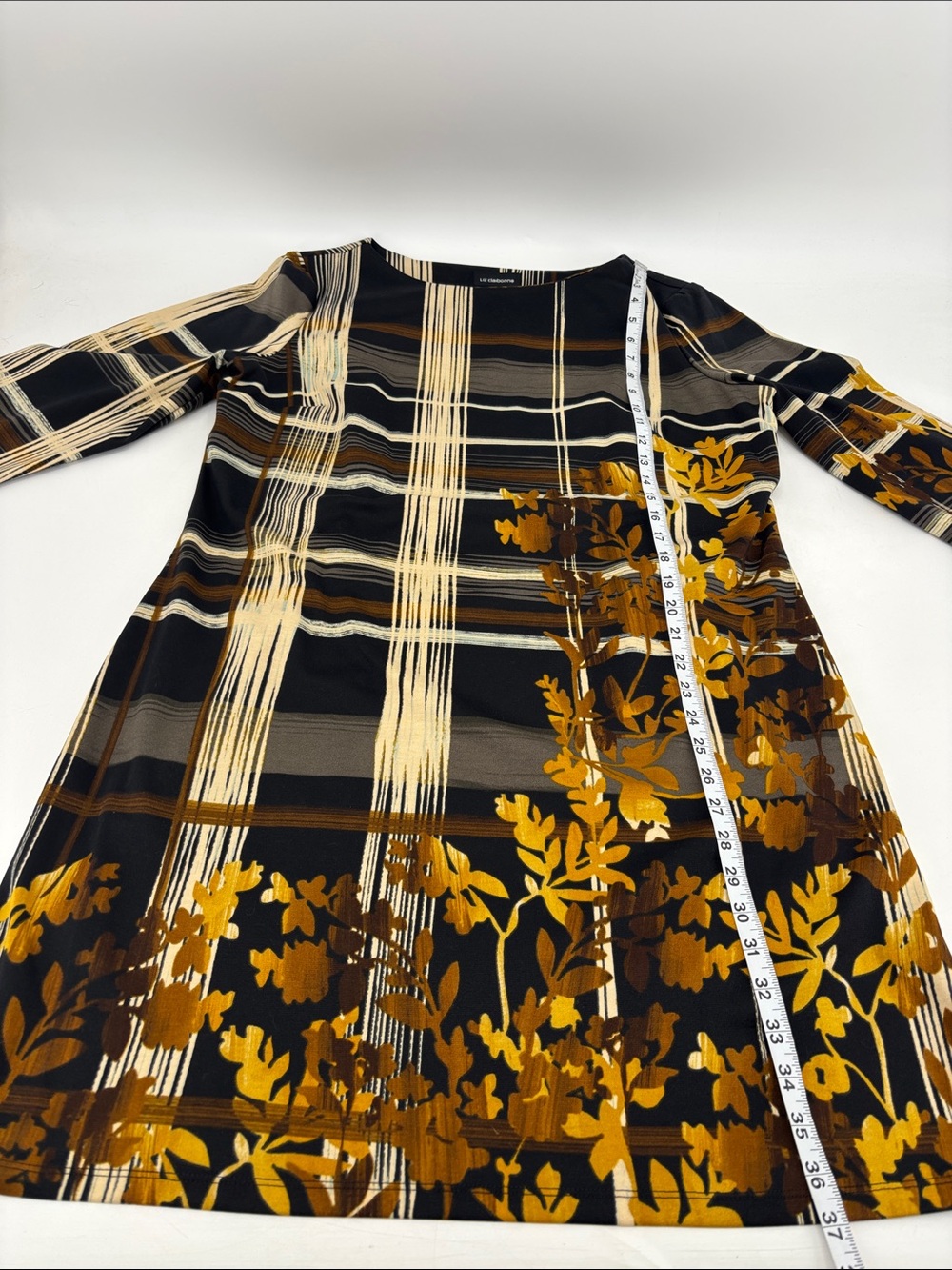 Liz Claiborne Classic Fall Autumn Leaf Print Windowpane Career Work Shift Dress - Picture 9 of 10